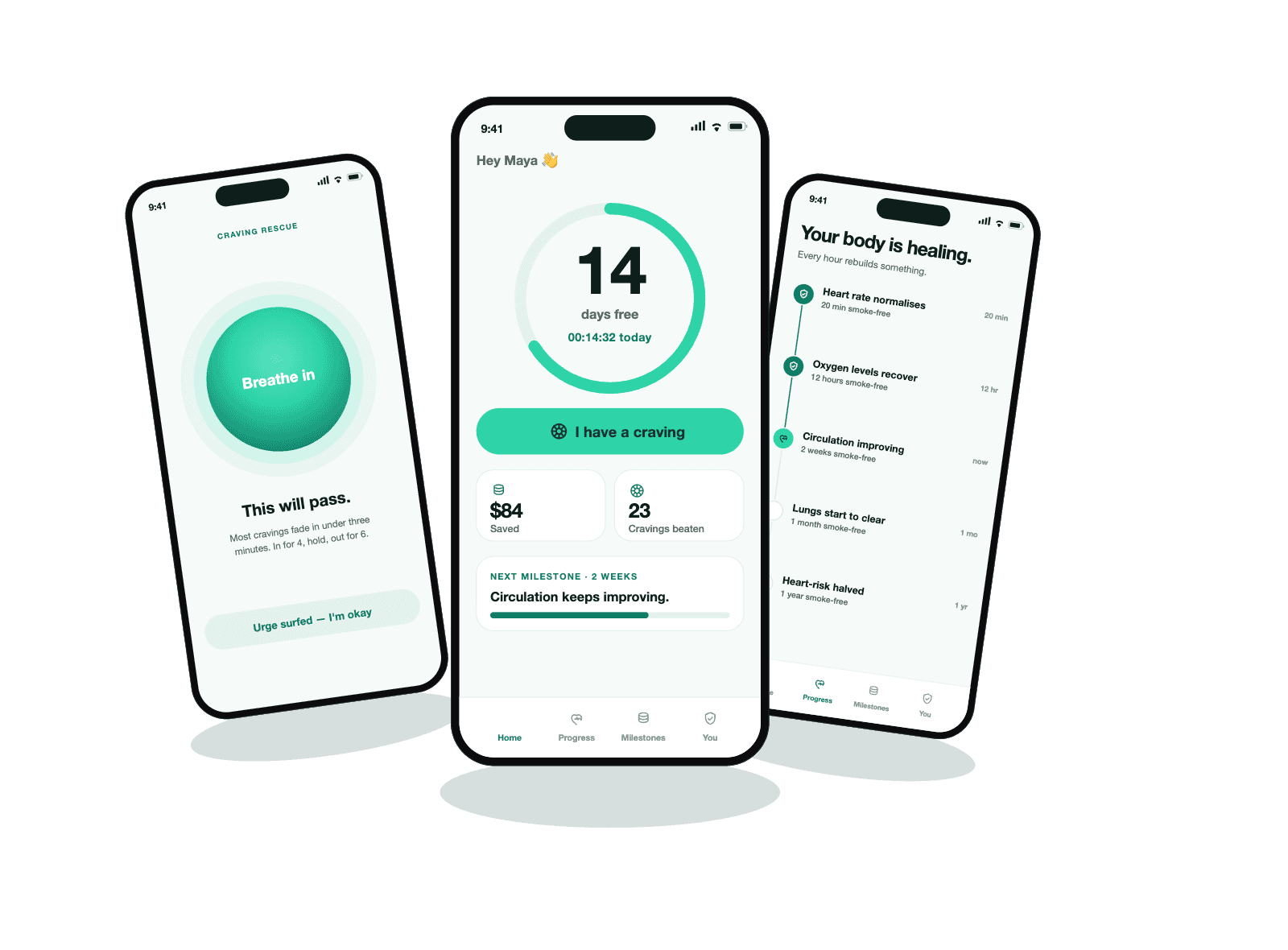 The Puffless app — craving rescue, nicotine-free streak, and body-recovery screens